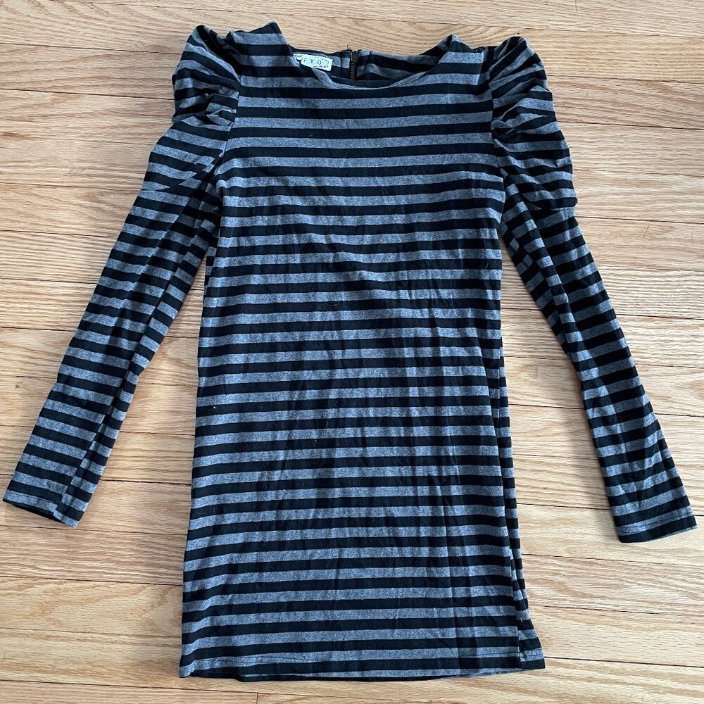 Black Gray Striped Long Sleeve Cotton Mini Dress back Zipper Ruffle Shoulder S
